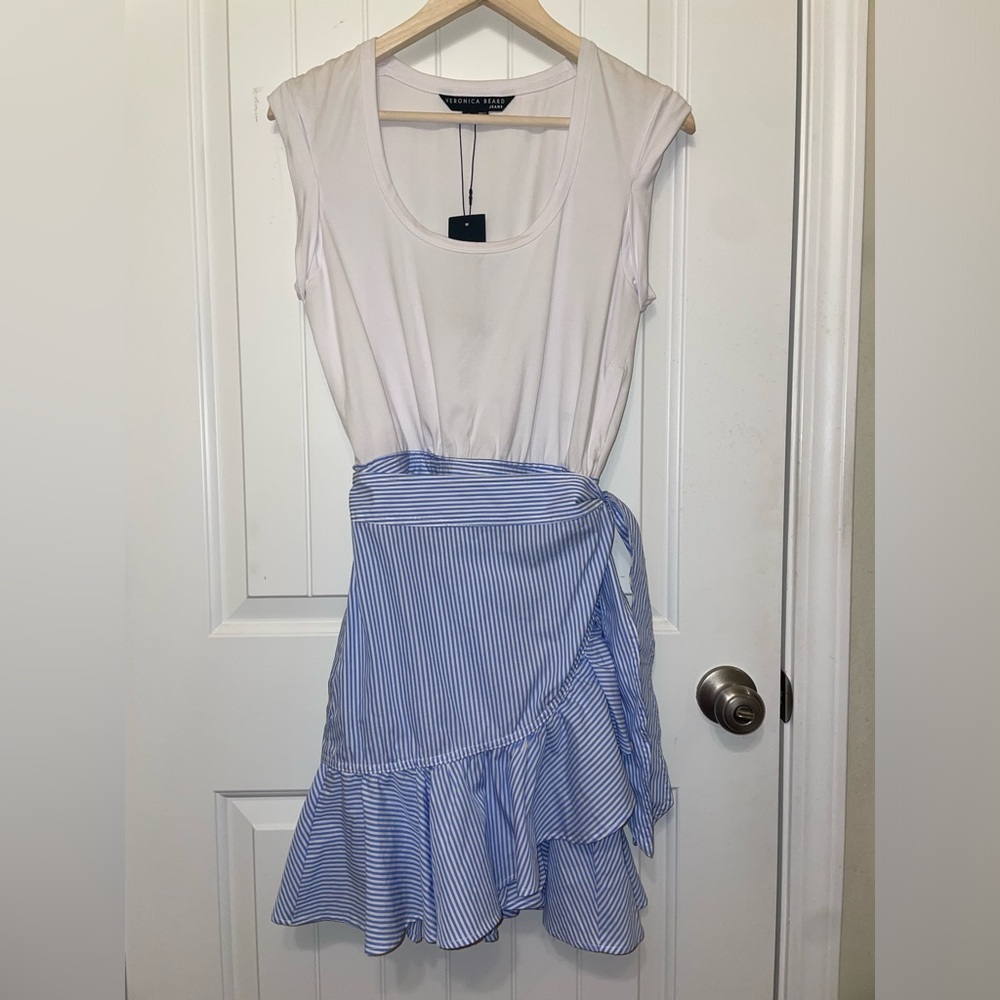 Veronica Beard White Top with Blue Ruffle Mini Dress - Picture 4 of 11